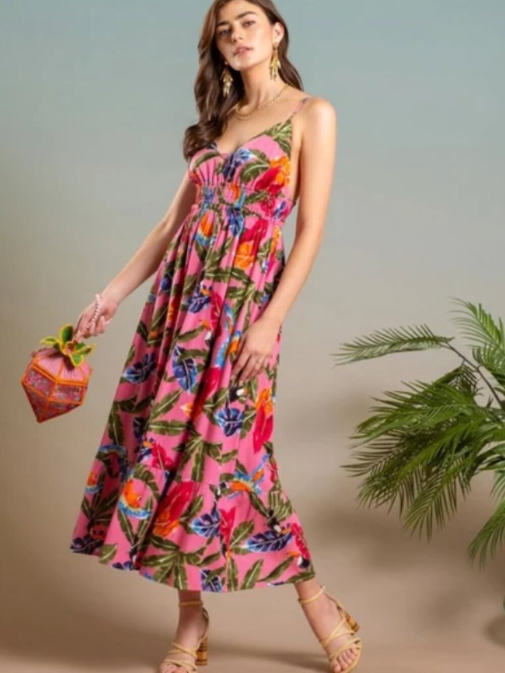 By the River Pink Tropical Print Spaghetti Strap Maxi Dress V-Neck Size Medium